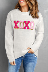 White XOXO Glitter Print Round Neck Casual Sweater Sweaters JT's Designer Fashion