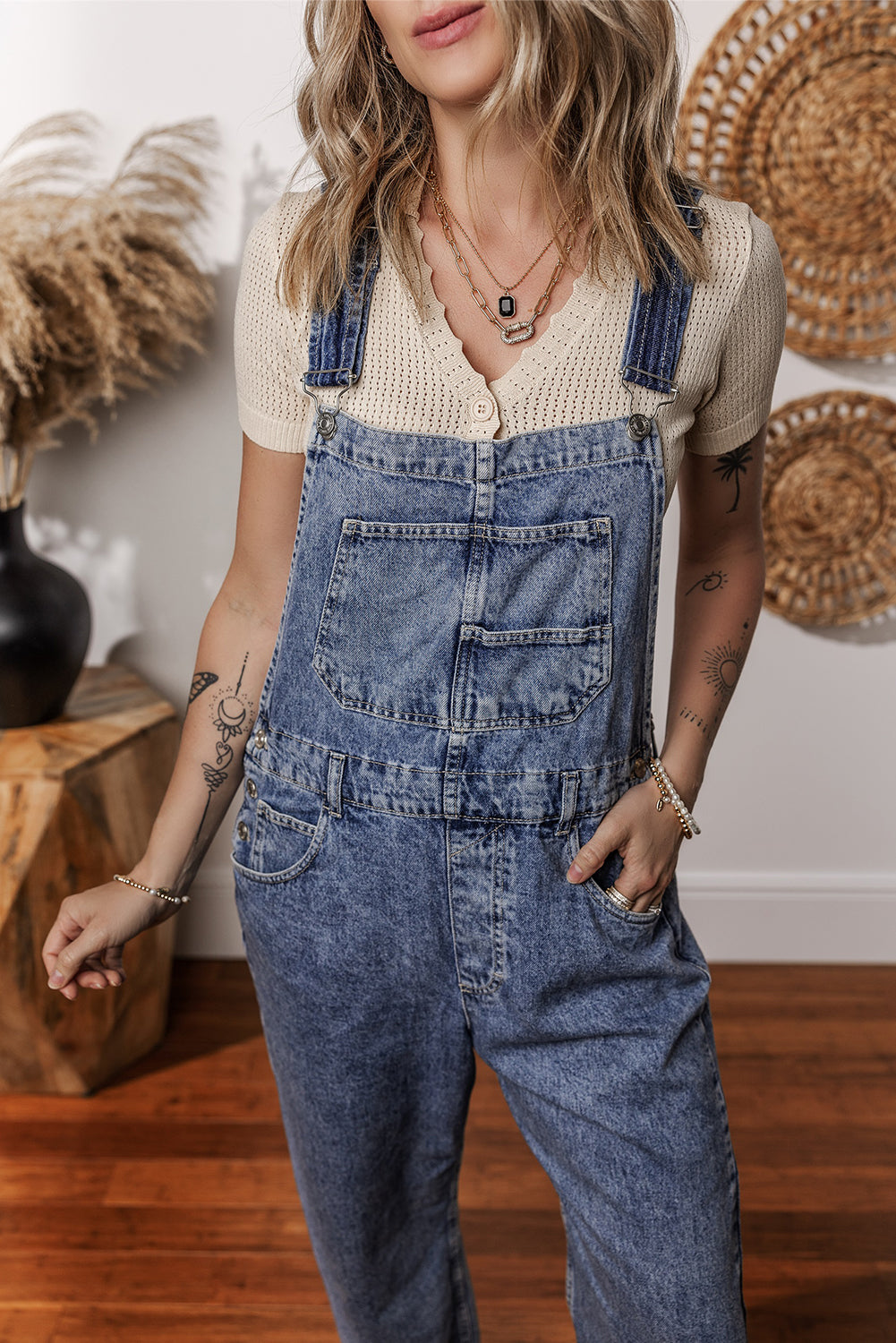 Sail Blue Denim Bib Straight Leg Jumpsuit with Pockets Jumpsuits & Rompers JT's Designer Fashion