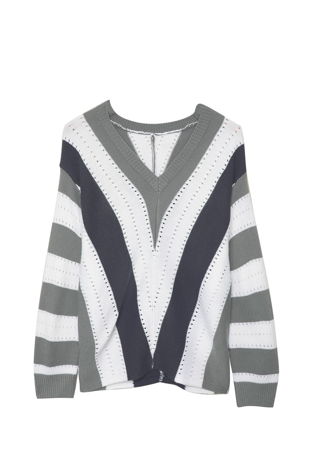 Gray Striped Colorblock V Neck Knitted Sweater Sweaters & Cardigans JT's Designer Fashion
