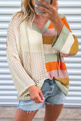 DEAR-LOVER Beige Oversized Colorblock V Neck Hooded Sweater Sweaters JT's Designer Fashion