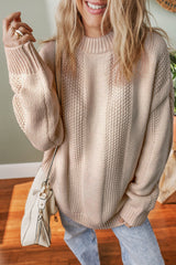 Pale Khaki Solid Color Cable Knit Ribbed Loose Sweater Pale Khaki 60%Cotton+40%Acrylic Sweaters JT's Designer Fashion