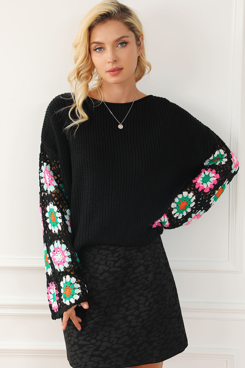Black Floral Crochet Bell Sleeve Loose Sweater Sweaters JT's Designer Fashion