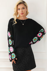 Black Floral Crochet Bell Sleeve Loose Sweater Sweaters JT's Designer Fashion