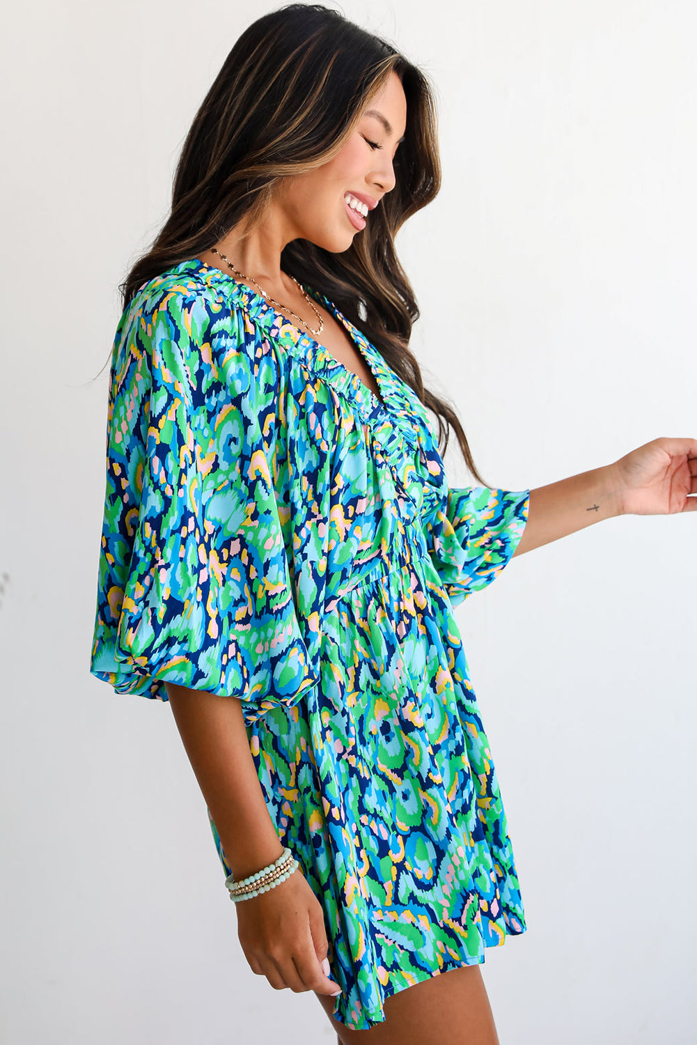 Green Abstract Print Puff Sleeve V Neck High Waist Romper Jumpsuits & Rompers JT's Designer Fashion