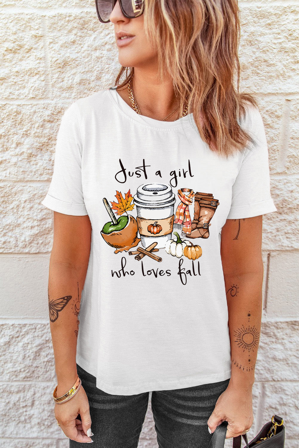 White Just A Girl Who Loves Fall Graphic T Shirt Graphic Tees JT's Designer Fashion