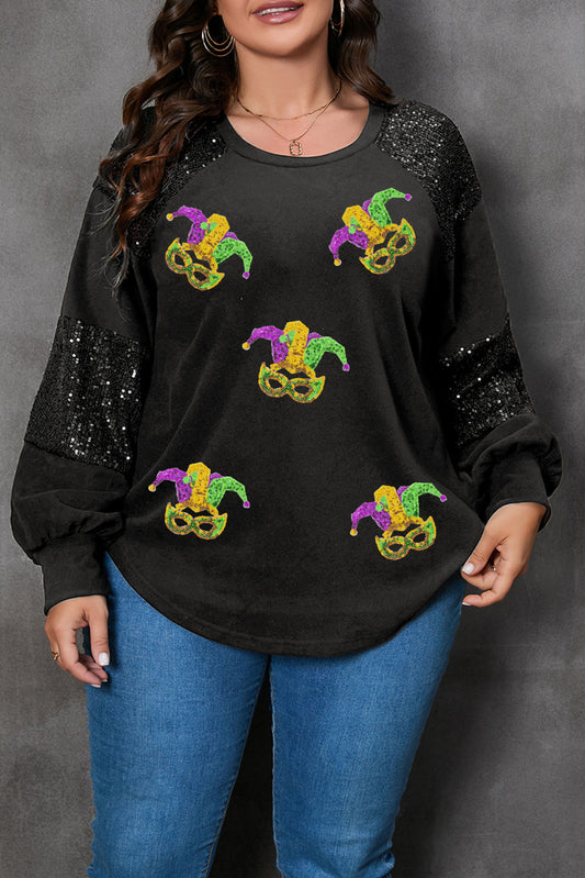 Black Mardi Gras Mask Plus Size Sequin Sleeve Top Black 90%Polyester+10%Elastane Graphic Plus Size JT's Designer Fashion