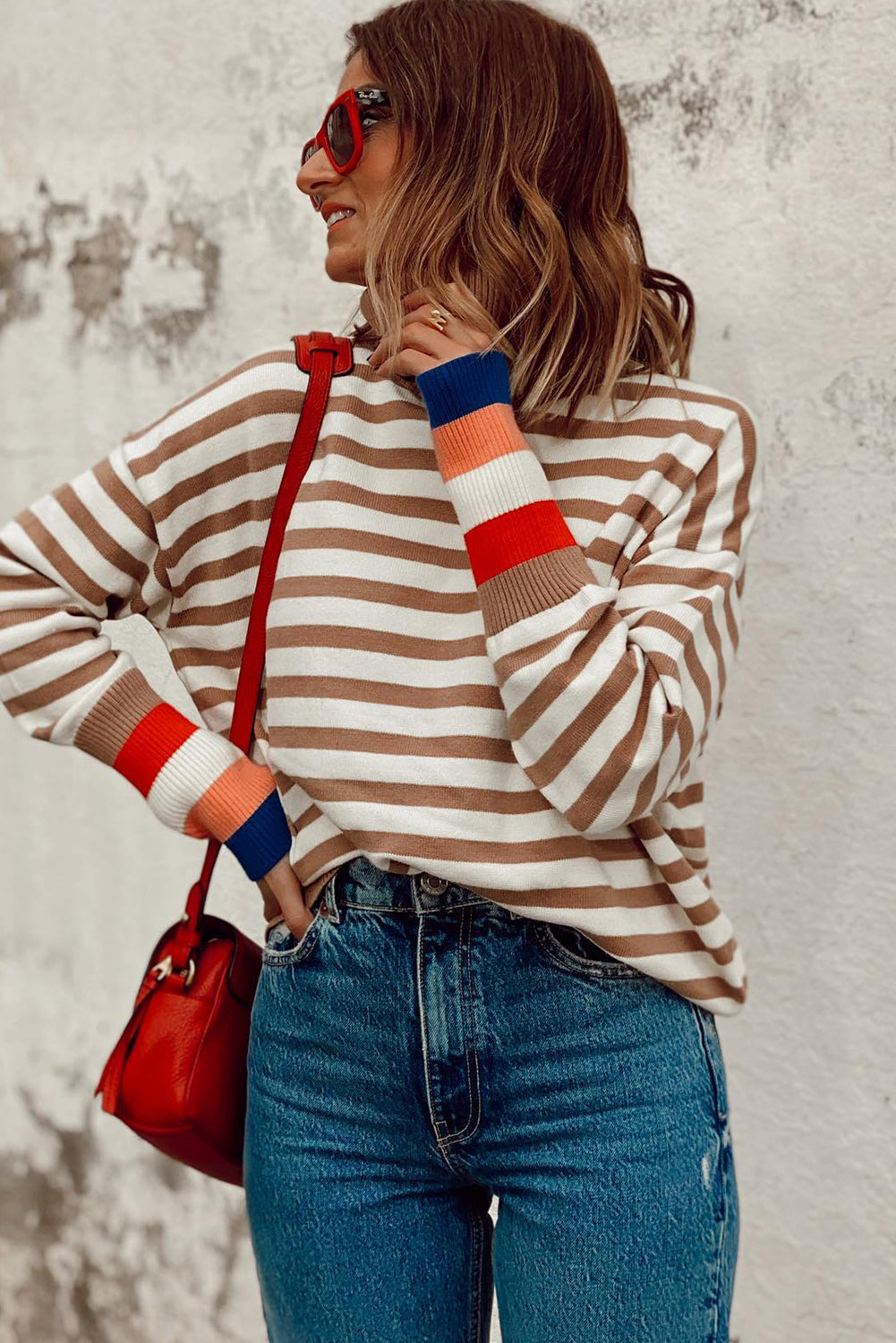 Brown Stripe Colorblock Bishop Sleeve Turtleneck Sweater Sweaters JT's Designer Fashion