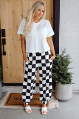 Black Checkerboard Elastic Waist Pocketed Joggers Pants & Culotte JT's Designer Fashion