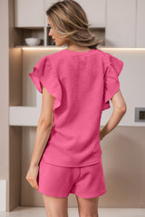 Bonbon Textured Ruffled Sleeve Tee and Drawstring Elastic Waistband Shorts Set Short Sets JT's Designer Fashion