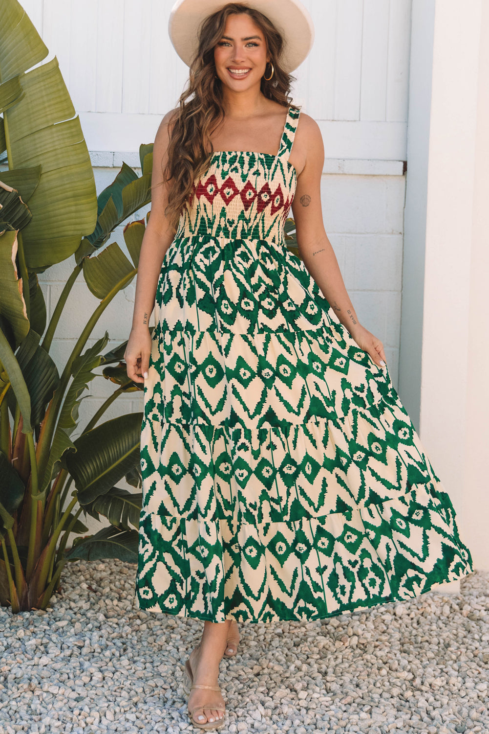 Green Western Aztec Shirred A-line Sleeveless Long Dress Maxi Dresses JT's Designer Fashion