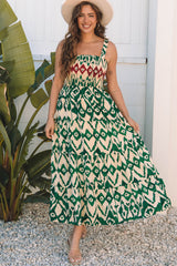 Green Western Aztec Shirred A-line Sleeveless Long Dress Maxi Dresses JT's Designer Fashion