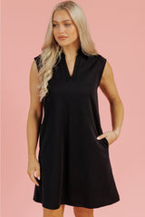 Black Solid Color Collared Slit Neck Sleeveless Mini Dress Mini Dresses JT's Designer Fashion