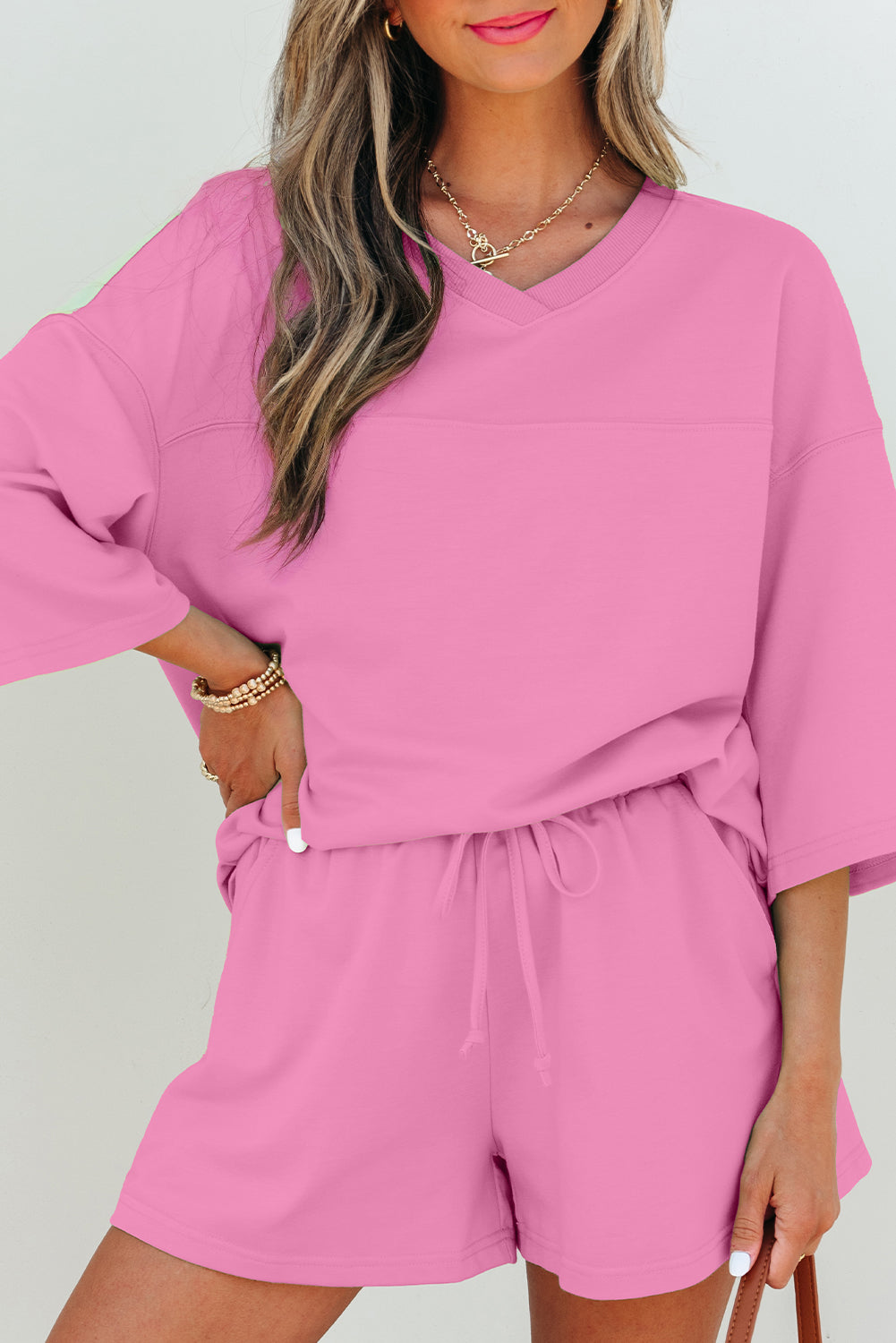 Bonbon Solid Loose V Neck Half Sleeve Tee and Shorts Short Sets JT's Designer Fashion