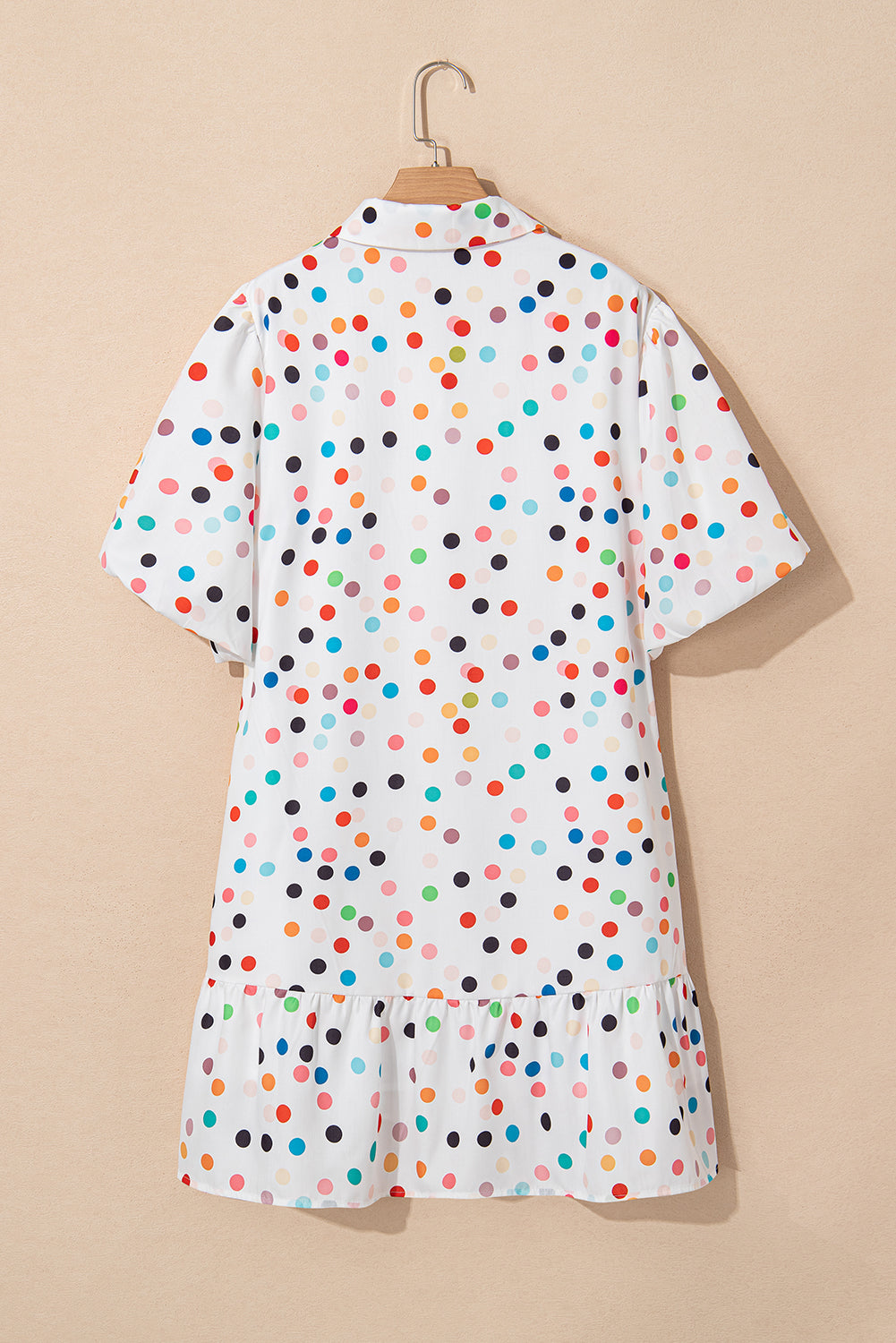 White Polka Dot Print Bubble Sleeve Button Up Plus Size Shirt Dress Plus Size Mini Dresses JT's Designer Fashion