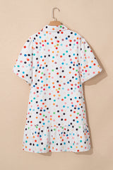 White Polka Dot Print Bubble Sleeve Button Up Plus Size Shirt Dress Plus Size Mini Dresses JT's Designer Fashion