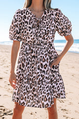 Brown Leopard Tied Front Keyhole Puff Short Sleeve Mini Dress Mini Dresses JT's Designer Fashion