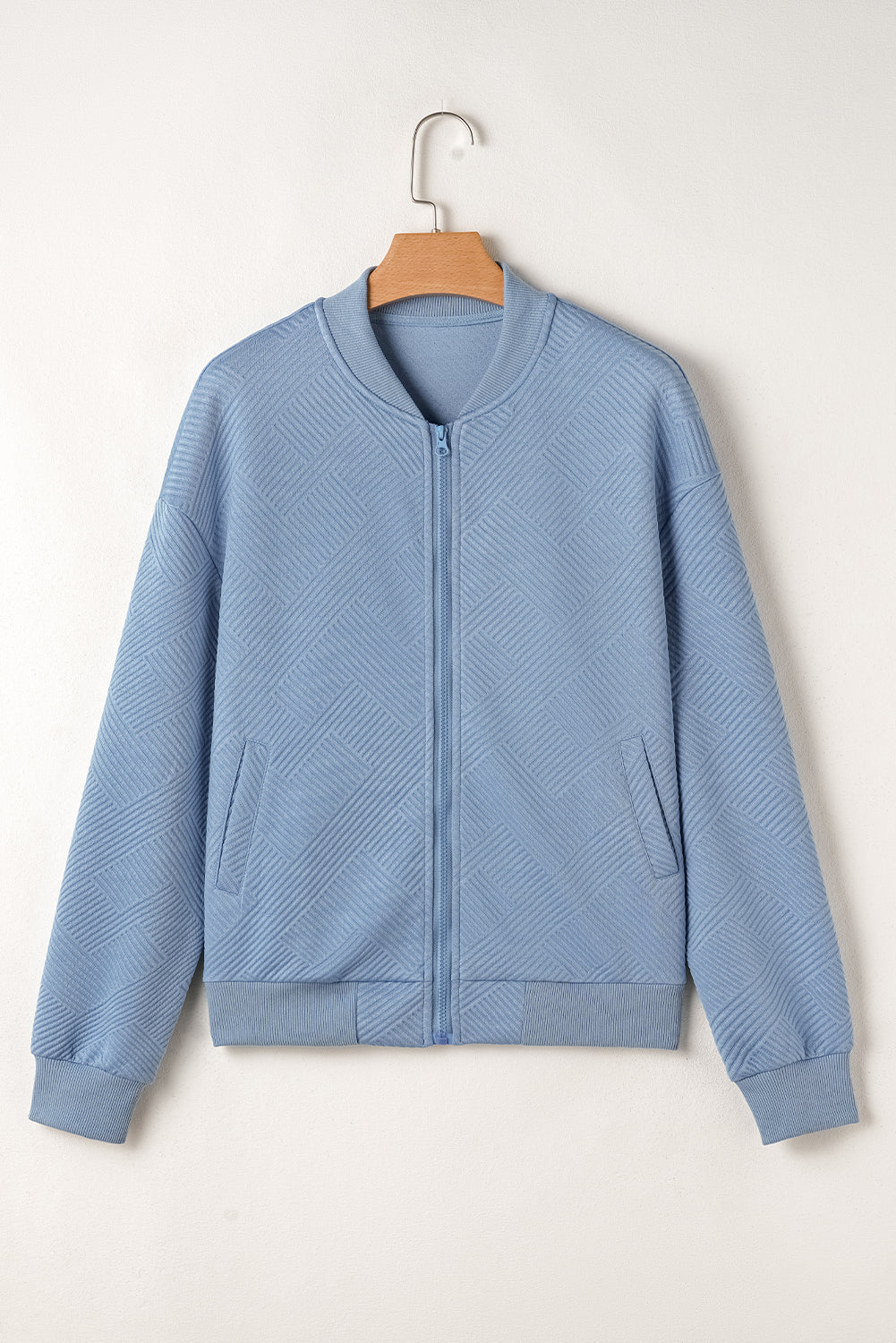 Myosotis Solid Textured Stand Neck Zipper Bomber Jacket Jackets JT's Designer Fashion
