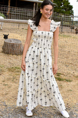 Black Bow Print Smocked Square Neck Ruffle Tiered Long Dress Maxi Dresses JT's Designer Fashion