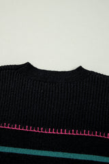 Black Colorful Striped Ribbed Trim Sweater Sweaters JT's Designer Fashion