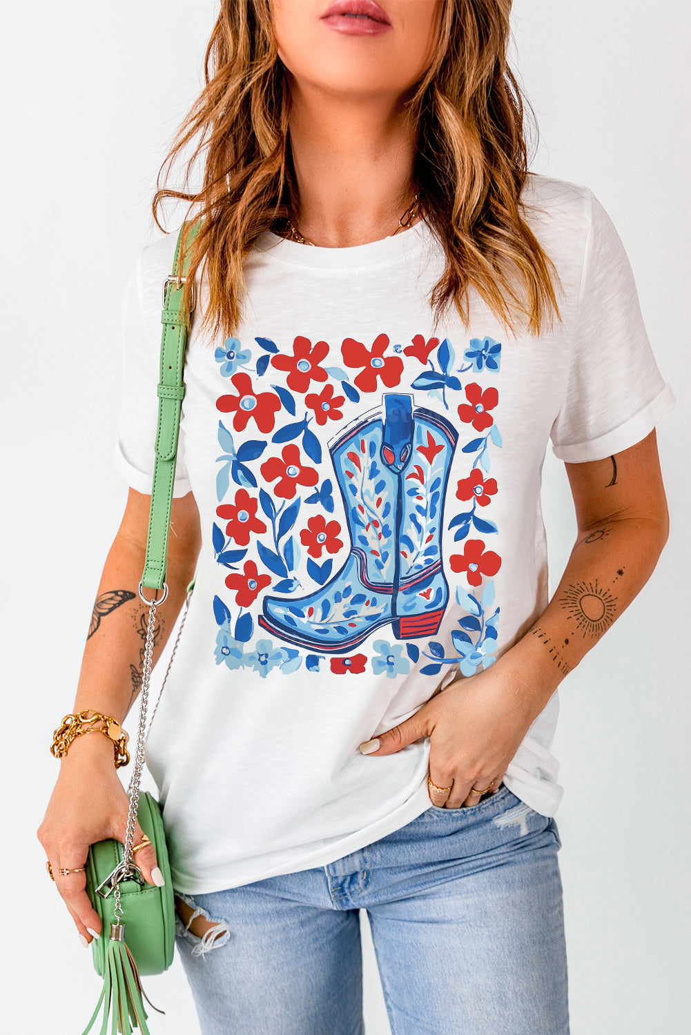 White Floral Western Boots Printed Cotton Blend T Shirt Graphic Tees JT's Designer Fashion