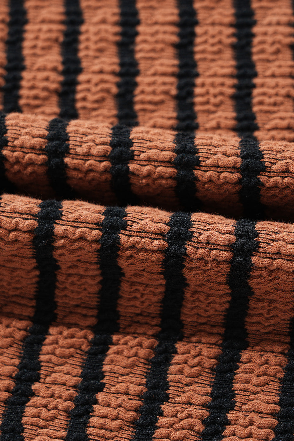 Brown Stripe Textured Frilly Trim Buttons Henley Long Sleeve Top Long Sleeve Tops JT's Designer Fashion