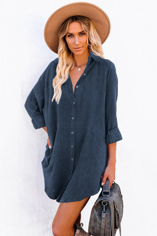 Blue Corduroy Shirt Style Full Button Long Sleeve Shift Mini Dress Blue 100%Polyester Mini Dresses JT's Designer Fashion