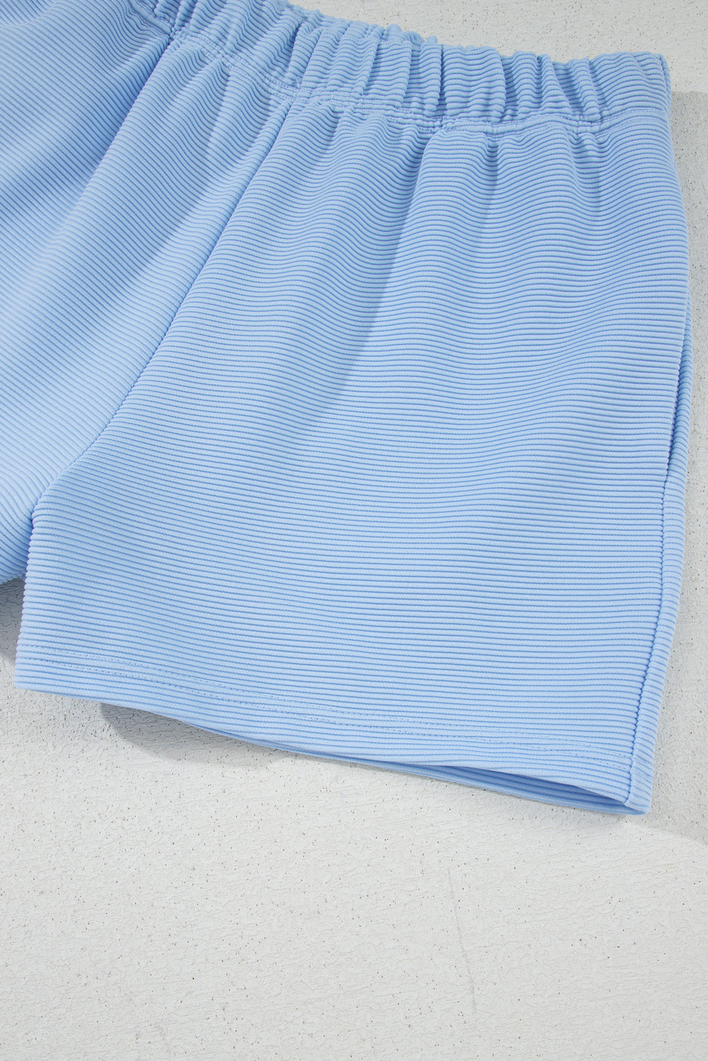 Beau Blue Ribbed Texture Half Zip Ruffled Short Sleeve Top and Shorts Set Short Sets JT's Designer Fashion