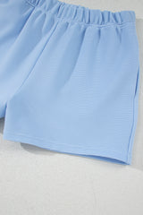 Beau Blue Ribbed Texture Half Zip Ruffled Short Sleeve Top and Shorts Set Short Sets JT's Designer Fashion