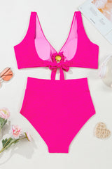 Rose Red Gold Shell Decor Wire-free Knotted 2pcs Bikini Swimsuit High Waisted Swimsuit JT's Designer Fashion