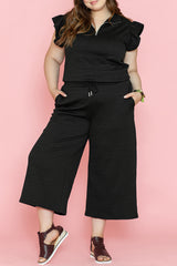 Black Plus Ruffled Sleeve Quarter Zip Top Wide Leg Pants Set Plus Size Bottoms JT's Designer Fashion