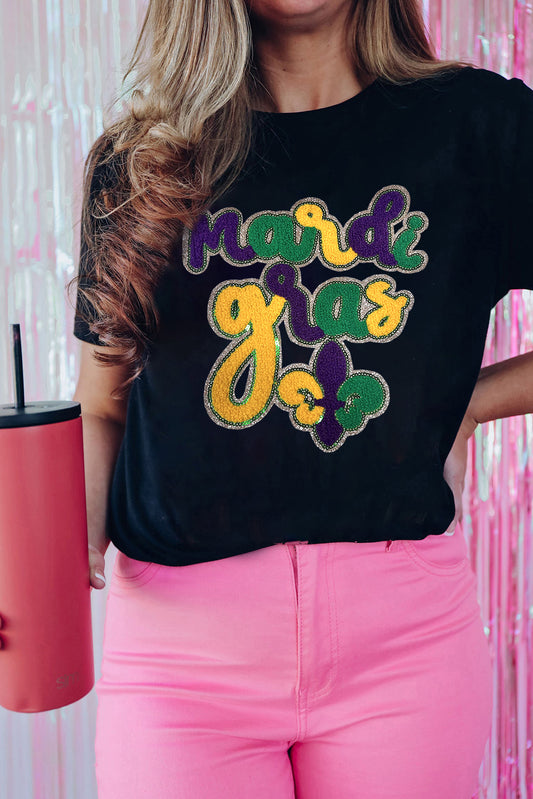 Black Chenille Mardi Gras Letter Graphic Tee Graphic Tees JT's Designer Fashion