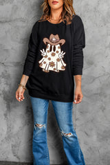 Black Halloween Floral Ghost Print Pullover Graphic Sweatshirt Graphic Sweatshirts JT's Designer Fashion