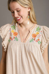 Jet Stream Linen Embroidery Split Neck Pom Pom Ruffle Sleeves Flowy Short Dress Mini Dresses JT's Designer Fashion