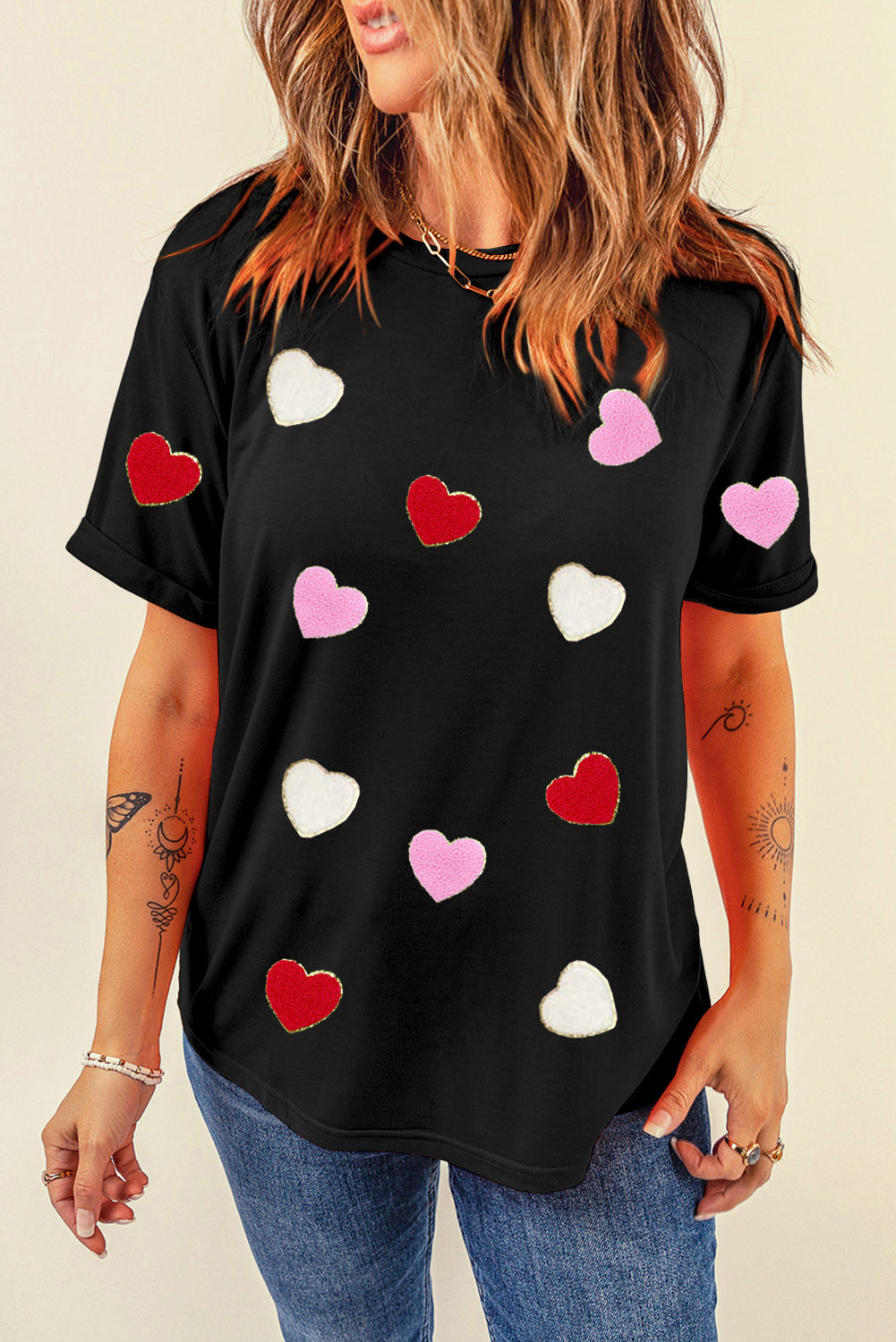Black Valentines Chenille Heart Patched Pattern Crewneck Tee Graphic Tees JT's Designer Fashion