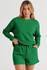 Green Textured Long Sleeve Top and Drawstring Shorts Set Short Sets JT's Designer Fashion