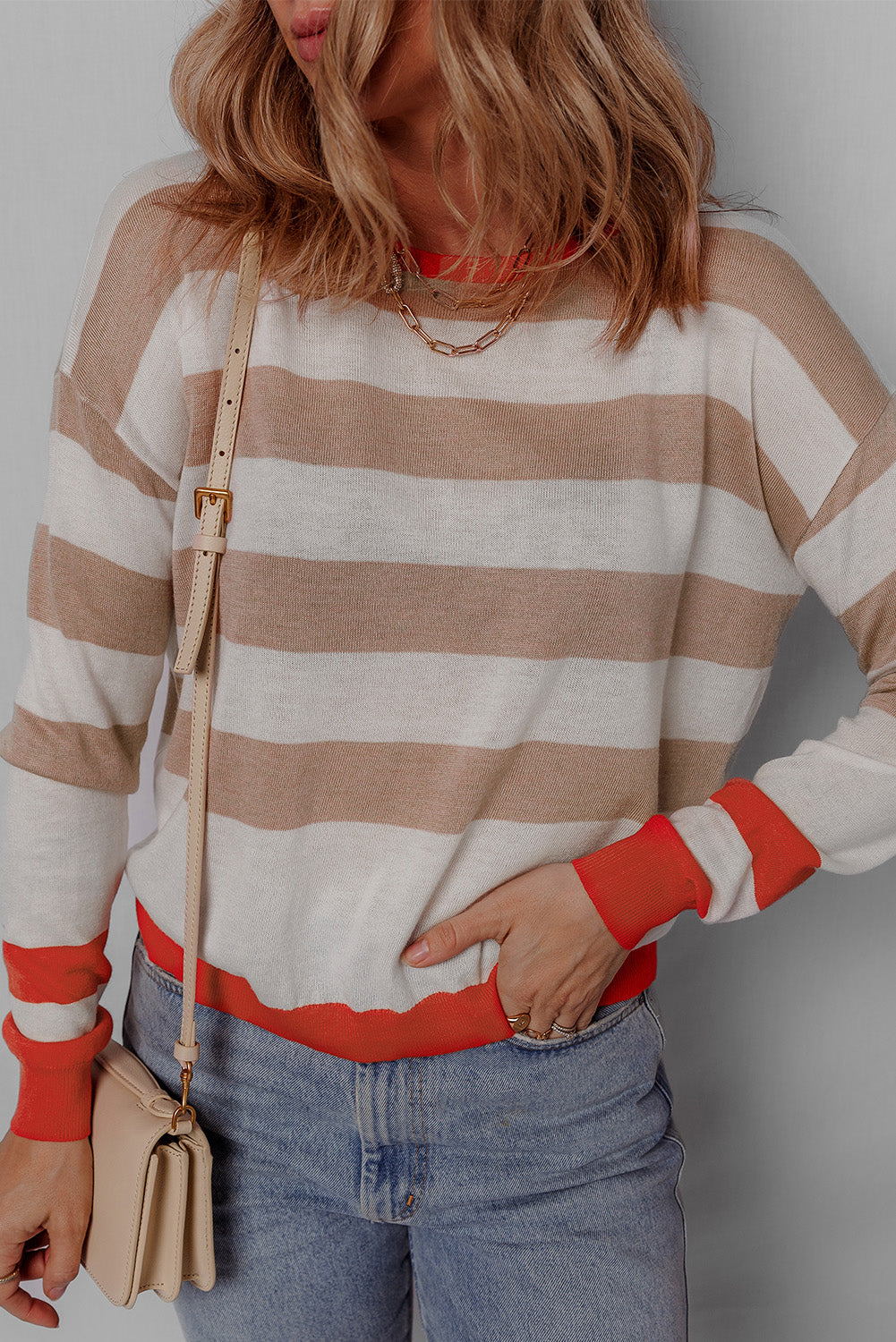 Apricot Colorblock Striped Round Neck Drop Shoulder Sweater Sweaters JT's Designer Fashion