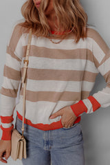 Apricot Colorblock Striped Round Neck Drop Shoulder Sweater Sweaters JT's Designer Fashion