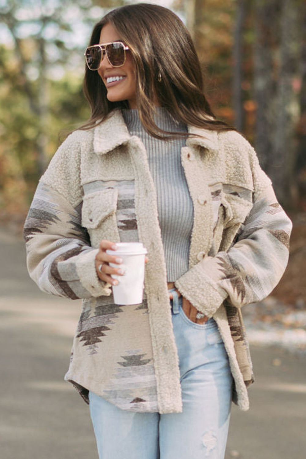 Khaki Western Aztec Print Sherpa Splicing Buttoned Flap Pocket Coat Jackets JT's Designer Fashion