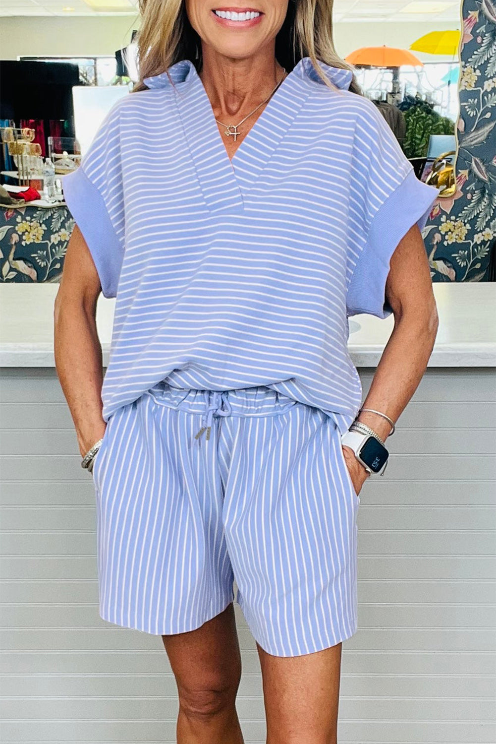 Sky Blue Stripe Dolman Sleeve Polo Shirt and Drawstring Shorts Set Sky Blue Stripe 95%Cotton+5%Elastane Short Sets JT's Designer Fashion