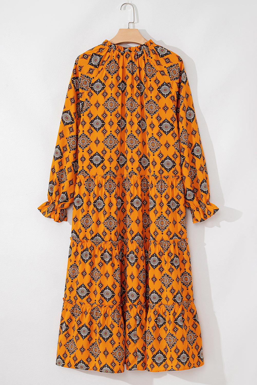 Orange Western Geometric Print Tiered Frilled Loose Fit Midi Dress Midi Dresses JT's Designer Fashion