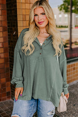 Seagrass Plus Size Exposed Seam Drop Shoulder Henley Top Plus Size Long Sleeve Tops JT's Designer Fashion