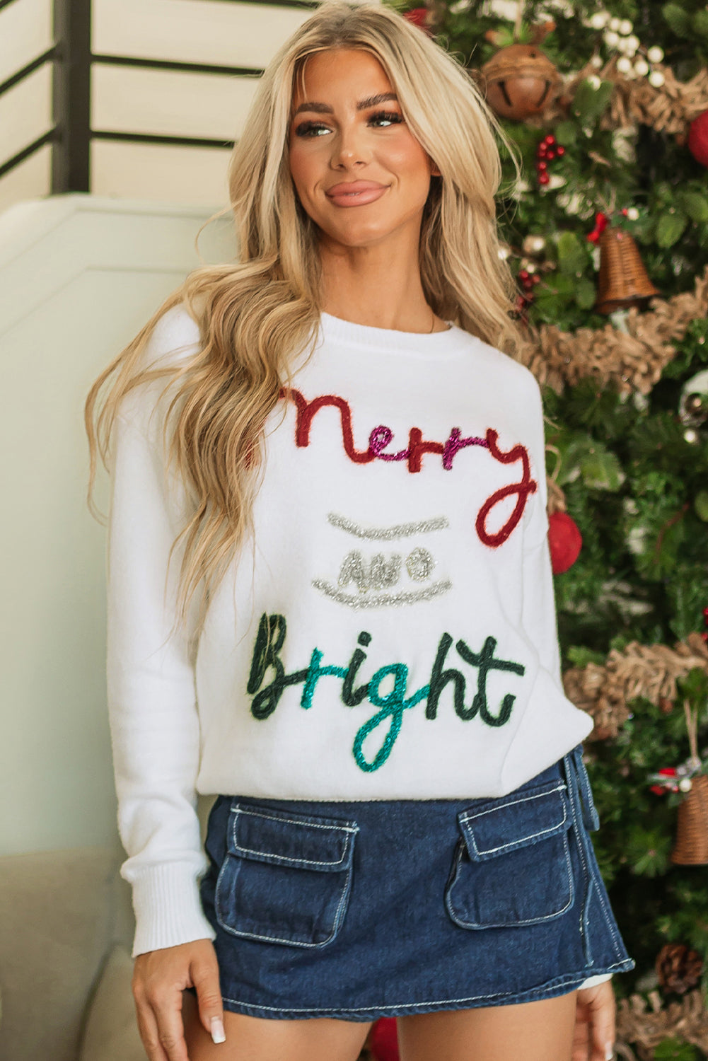 White Tinsel Merry and Bright Graphic Christmas Sweater Sweaters JT's Designer Fashion