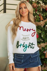 White Tinsel Merry and Bright Graphic Christmas Sweater Sweaters JT's Designer Fashion