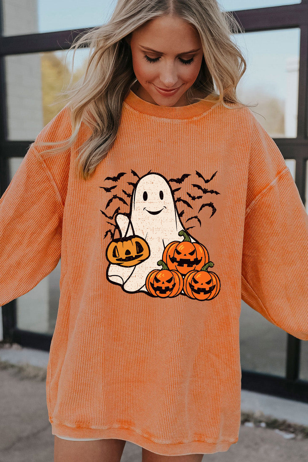 Orange Halloween Ghost Pumpkin Bat Print Corded Pullover Sweatshirt Graphic Sweatshirts JT's Designer Fashion