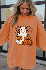 Orange Halloween Ghost Pumpkin Bat Print Corded Pullover Sweatshirt Graphic Sweatshirts JT's Designer Fashion