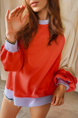Orange Color Block Side Slits Raglan Sleeve Loose Fit Top Long Sleeve Tops JT's Designer Fashion