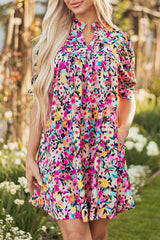 Pink Floral Puff Short Sleeve V Neck Mini Dress Floral Dresses JT's Designer Fashion