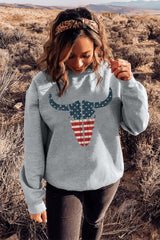Gray American Flag Steer Head Print Crewneck Pullover Sweatshirt Graphic Sweatshirts JT's Designer Fashion