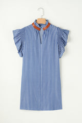 Sky Blue Stripe Frilly Split Neck Shirred Ruffle Sleeve Short Shift Dress Mini Dresses JT's Designer Fashion