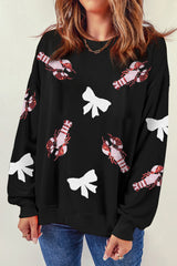 Black Crawfish Bow Sequin Patched Graphic Sweatshirt Graphic Sweatshirts JT's Designer Fashion